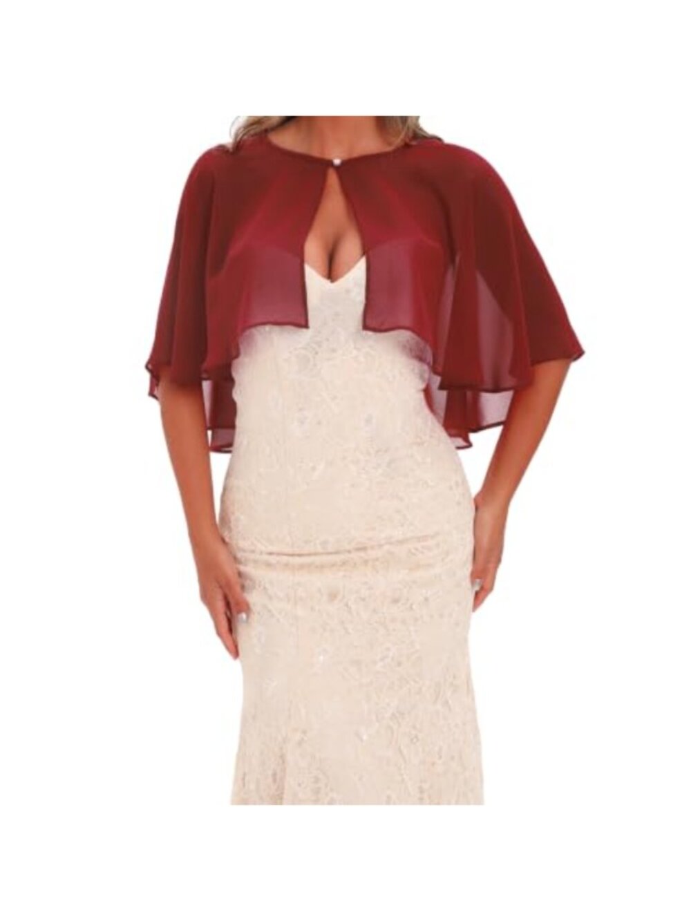 Women's Chiffon Shawl Wrap Cape with Pearl Button, Evening Party Cover Up